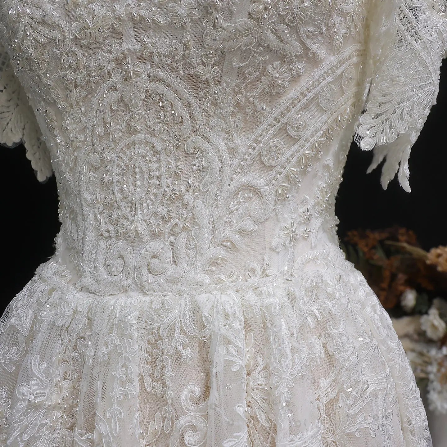 Off White Elegant Lace Pearl Embroidery Ball Gown Wedding Dress ZP168