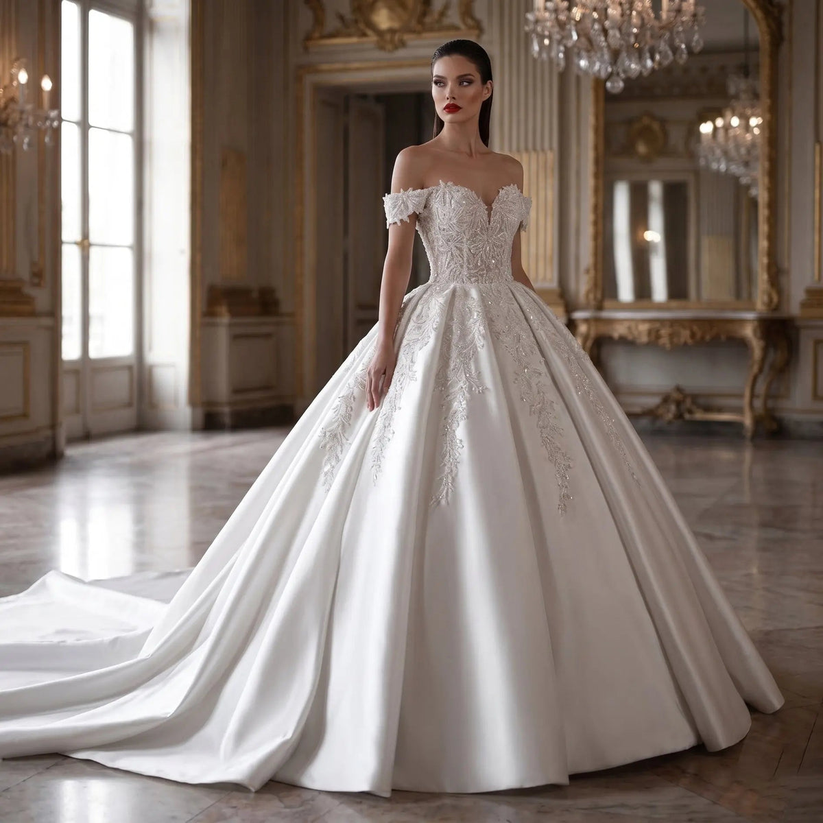 Luxury White Off-the-Shoulder Lace Satin Ball Gown Wedding Dress ZP069