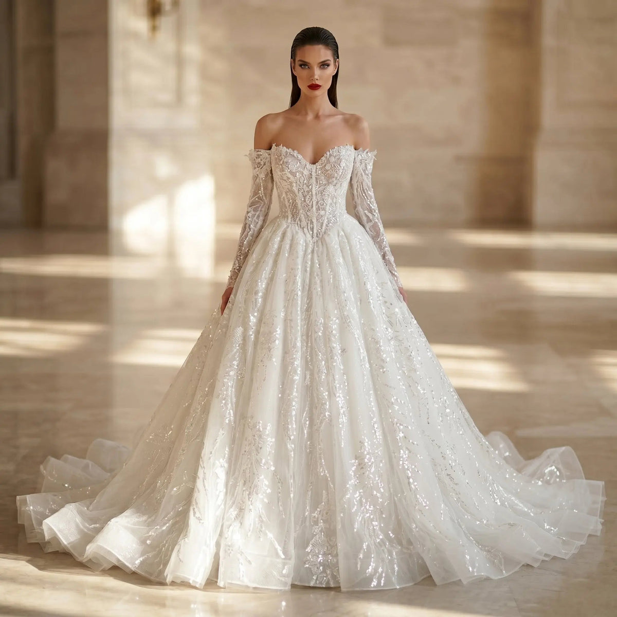 Luxury White Off-the-Shoulder Long Sleeve Lace Tulle Ball Gown Wedding Dress ZP068 - VelvetHem