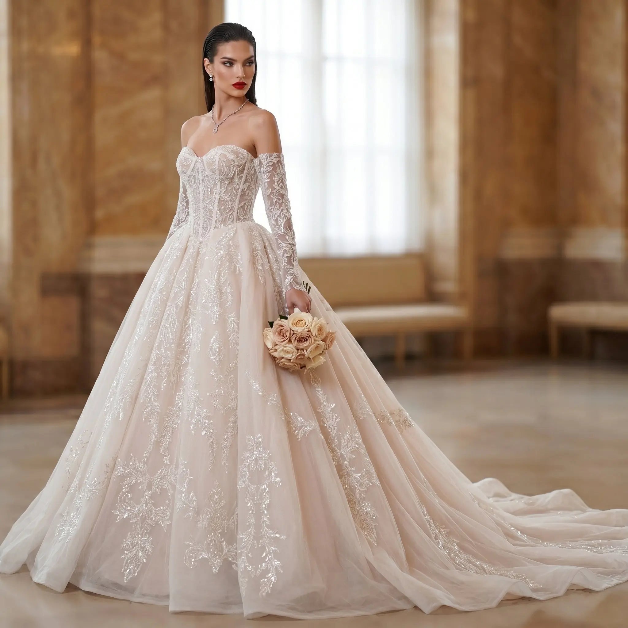 Elegant Ivory Strapless Corset Lace Tulle Bridal Gown Wedding Dress with Long Detachable Sleeves ZP067 - VelvetHem