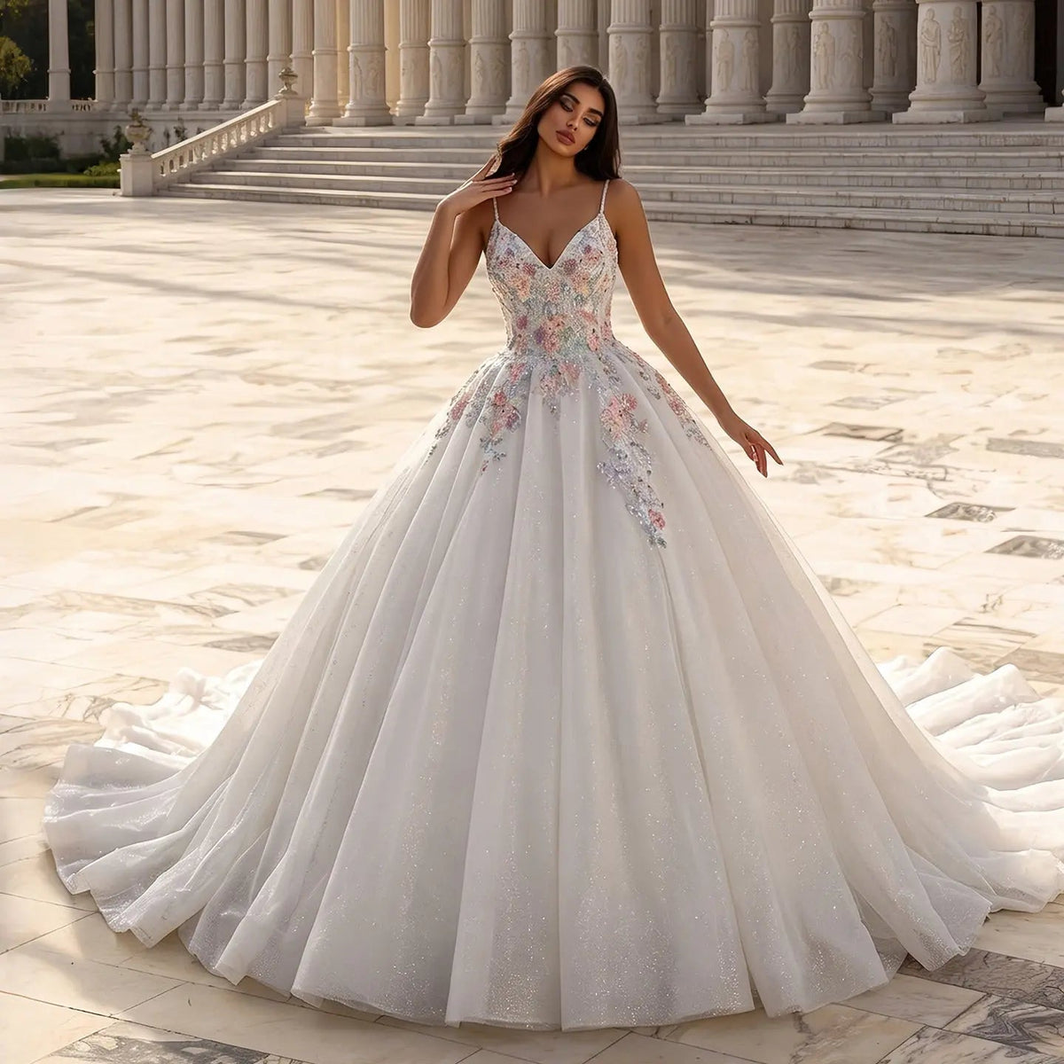 Glamorous White Floral Applique A-Line Tulle Wedding Dress with Train ZP066 - VelvetHem