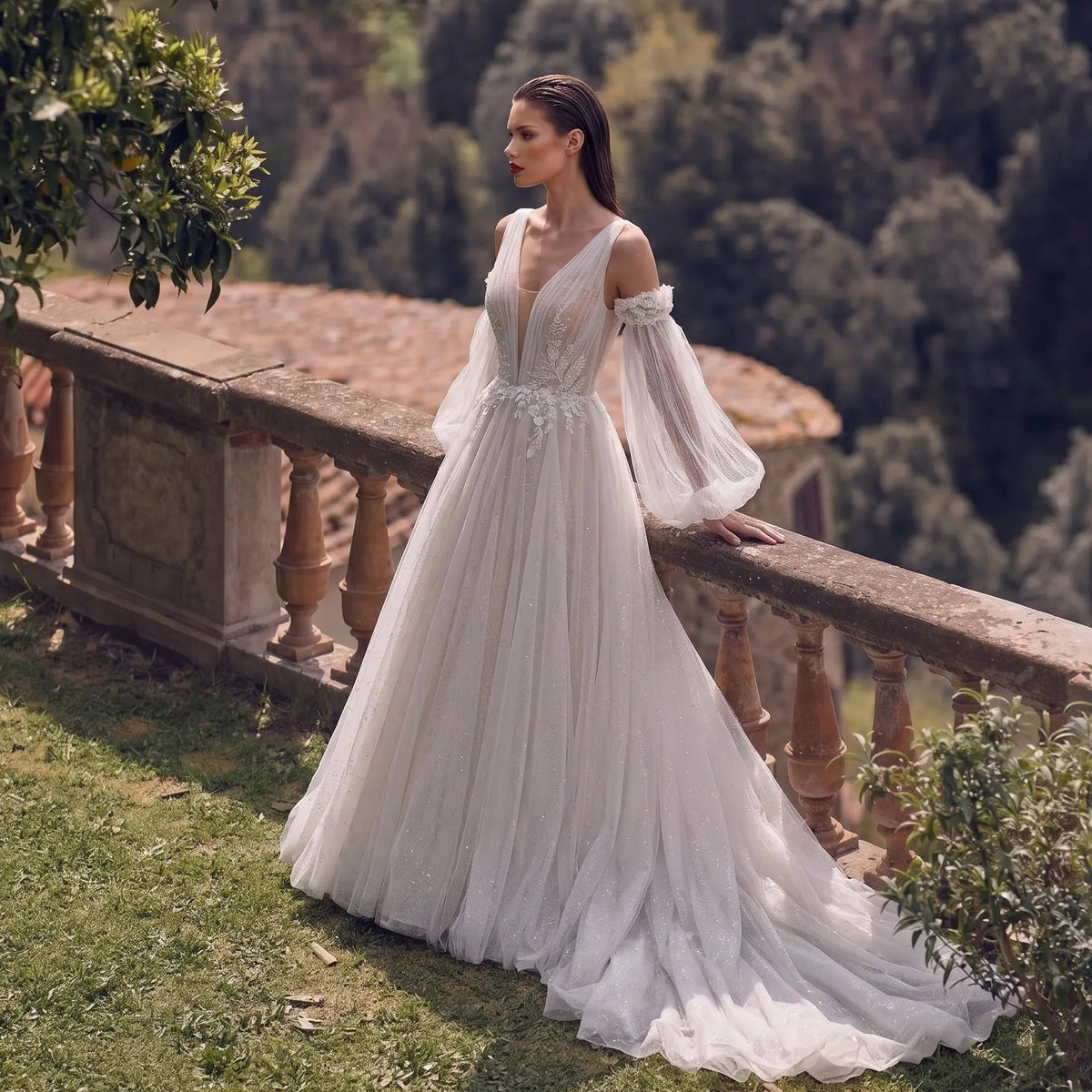 Elegant Ivory V-Neck Detachable Puff Sleeve Lace Tulle Wedding Dress with Train ZP062 - VelvetHem