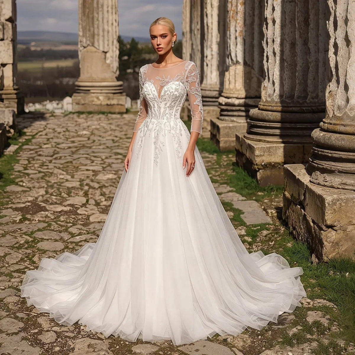 Glamorous White Illusion Neck Lace & Tulle Wedding Dress with Cathedral Train ZP063 - VelvetHem