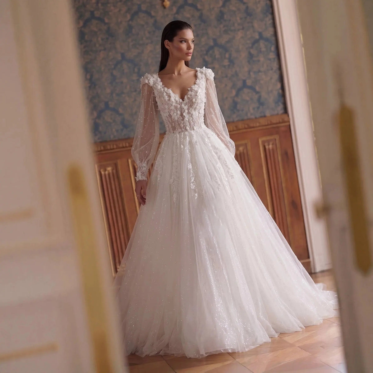 Elegant White V-Neck Long Sleeve Lace-Up Back A-Line Wedding Dress ZP060 - VelvetHem