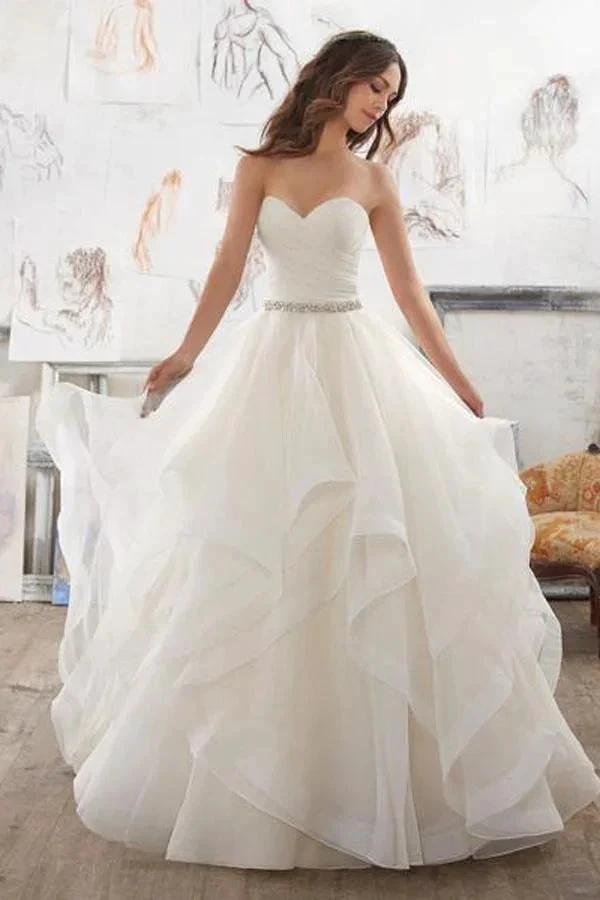 Illusion A Line Sweetheart Strapless Ruffles Beaded Belt Wedding Dresses (ZD14002) - VelvetHem
