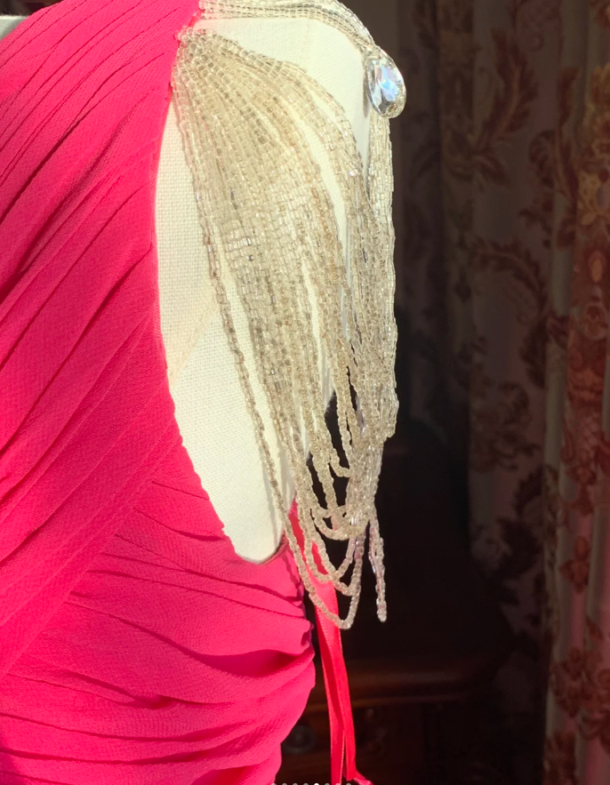 Pretty Rose Red One Shoulder Chiffon Pleated Beaded Evening Dress Long Wedding Guest Dress - View 6 | VelvetHem
