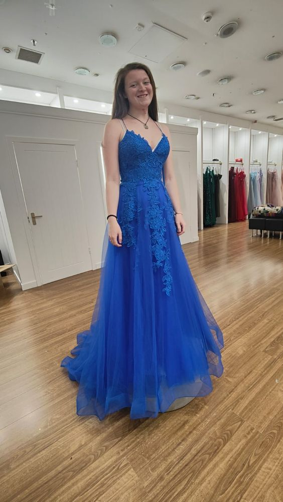 Blue Tulle Lace Long Prom Dress, V-Neck Formal Evening Dress - VelvetHem
