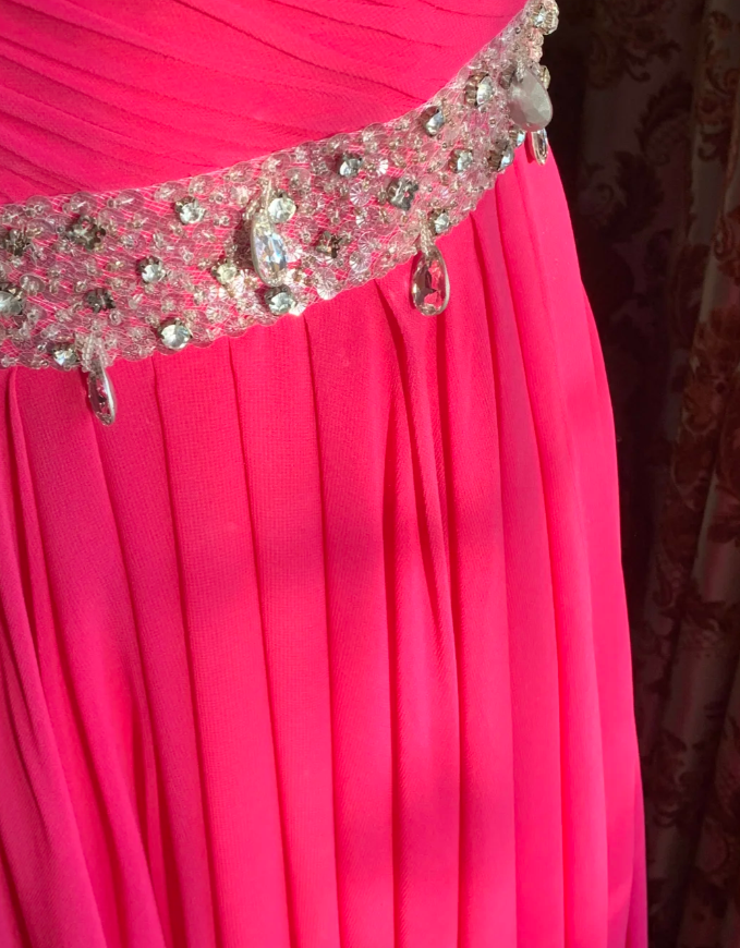 Pretty Rose Red One Shoulder Chiffon Pleated Beaded Evening Dress Long Wedding Guest Dress - View 7 | VelvetHem
