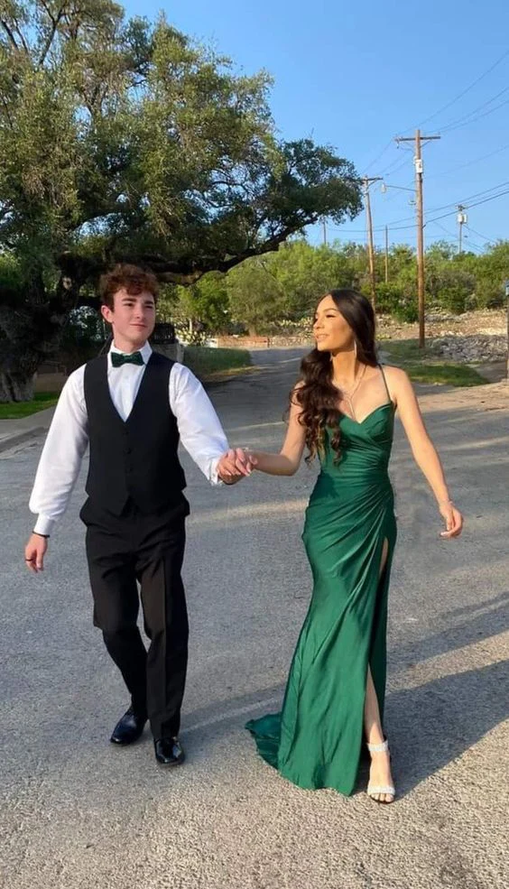Spaghetti Straps Green Mermaid Slit Prom Dress Sexy party Evening Gown - VelvetHem