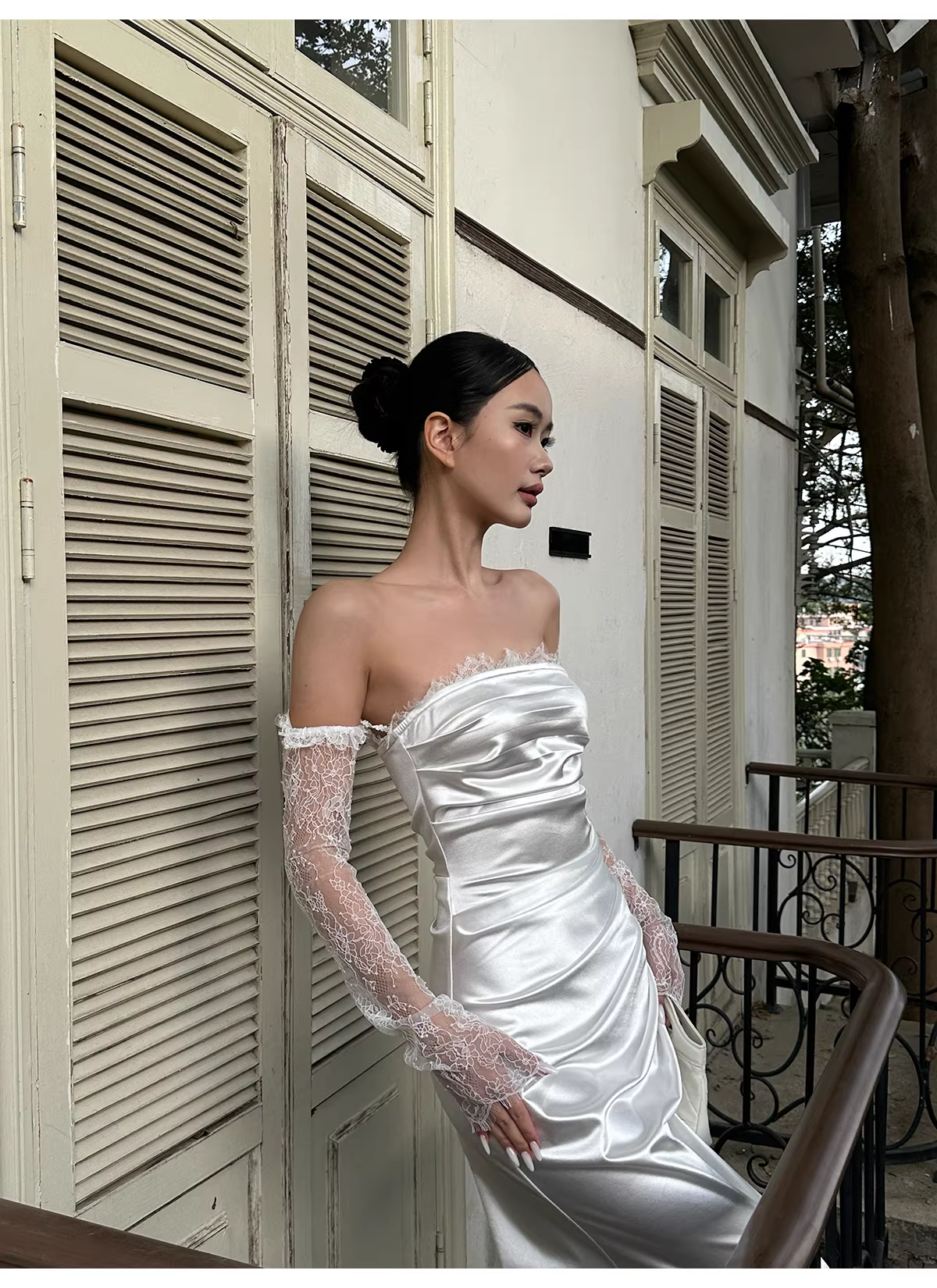Classy White Off The Shoulder Satin Lace Mermaid Long Wedding Guest Dress Formal Evening Dress Prom Gown - View 5 | VelvetHem