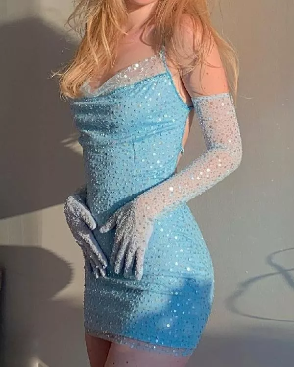 Sexy Blue Sequins Backless Mini Party Dress with Gloves - VelvetHem