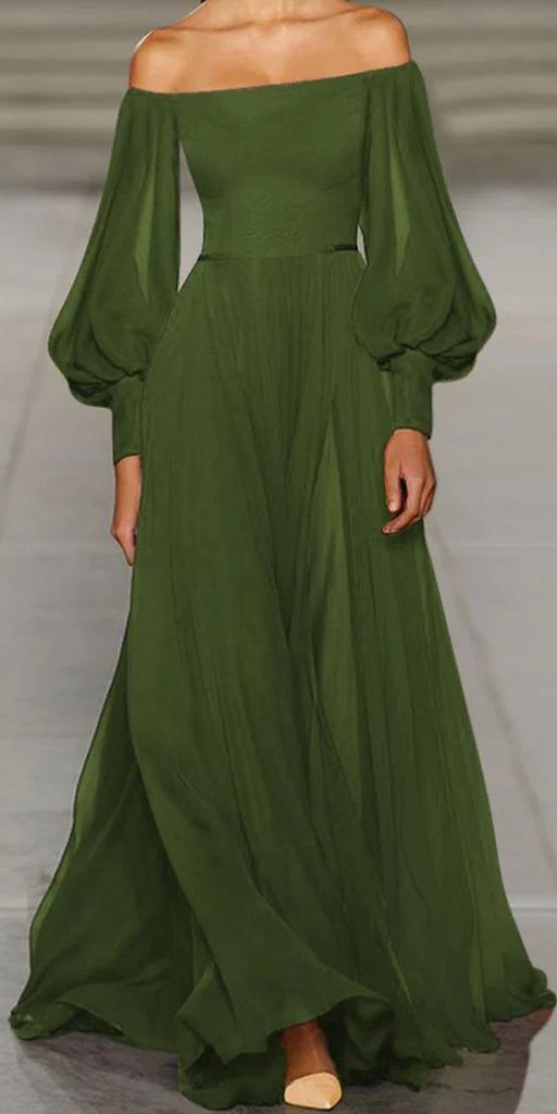 Green party dress with lantern sleeves solid off the shoulder prom dress - VelvetHem
