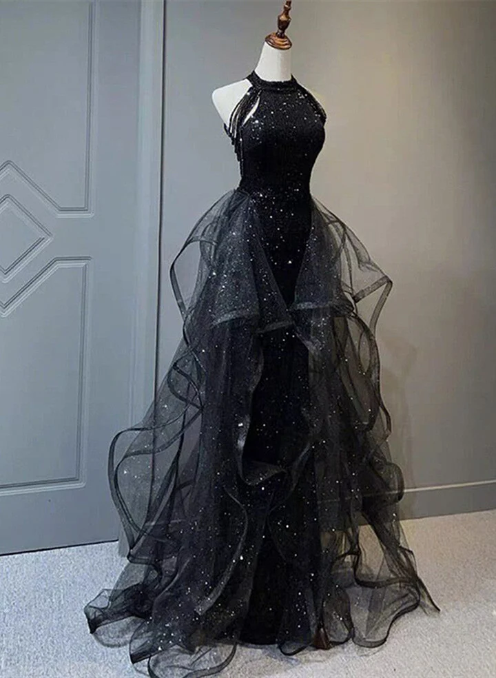 High Neckline Black Halter Shiny Tulle And Sequins Evening Dress, Black Tulle Prom Dress Y1864 - VelvetHem