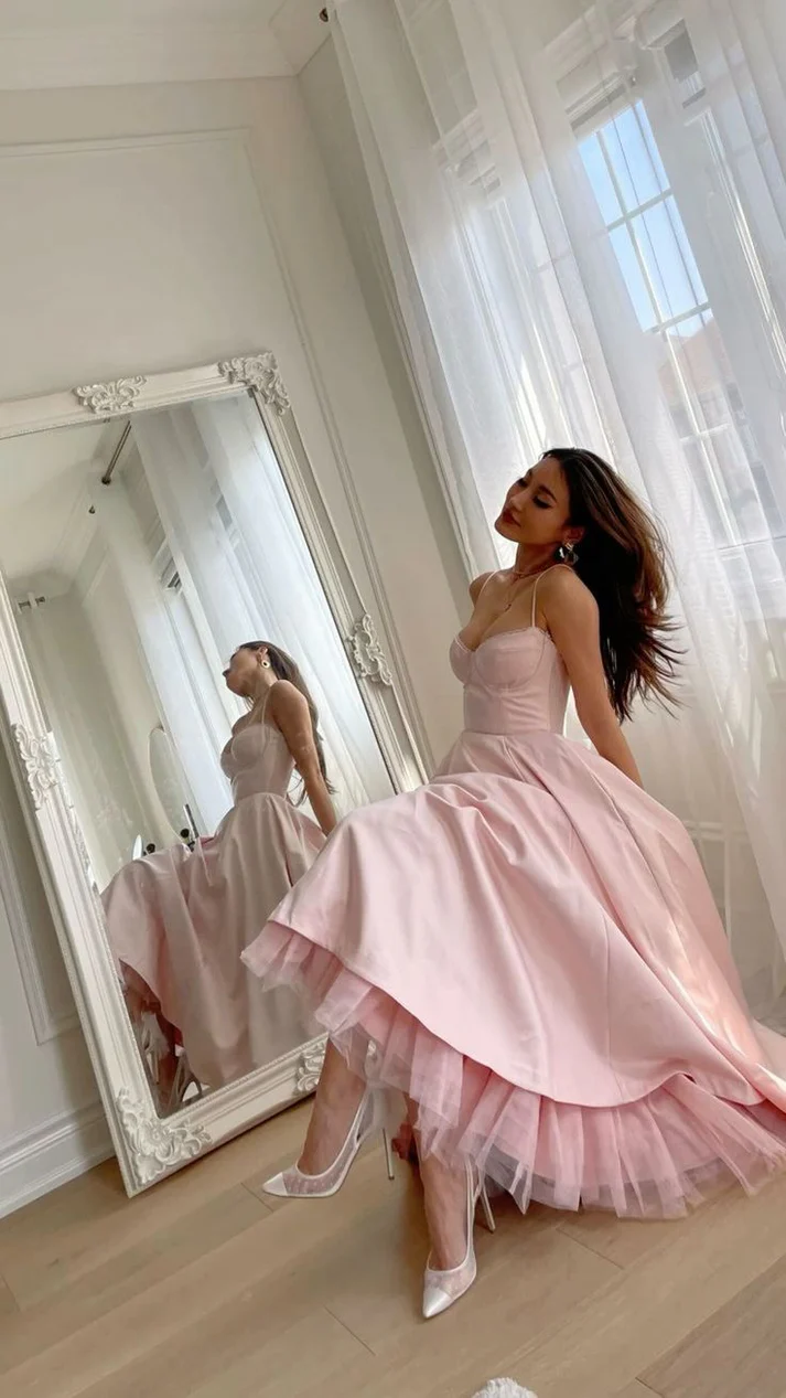 Simple Spaghetti Straps Pink A Line Satin Prom Dresses Party Dress - VelvetHem