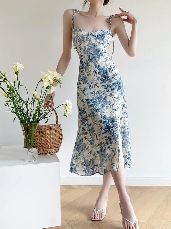 Blue Floral Print Strappy Beach Dress,Elegant Blue Prom Dress - VelvetHem