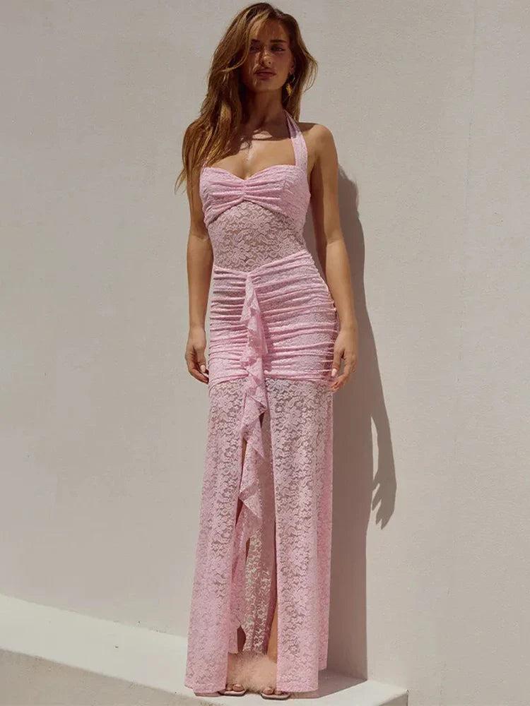 Lace Satin Halter Ruched Maxi Dress - VelvetHem