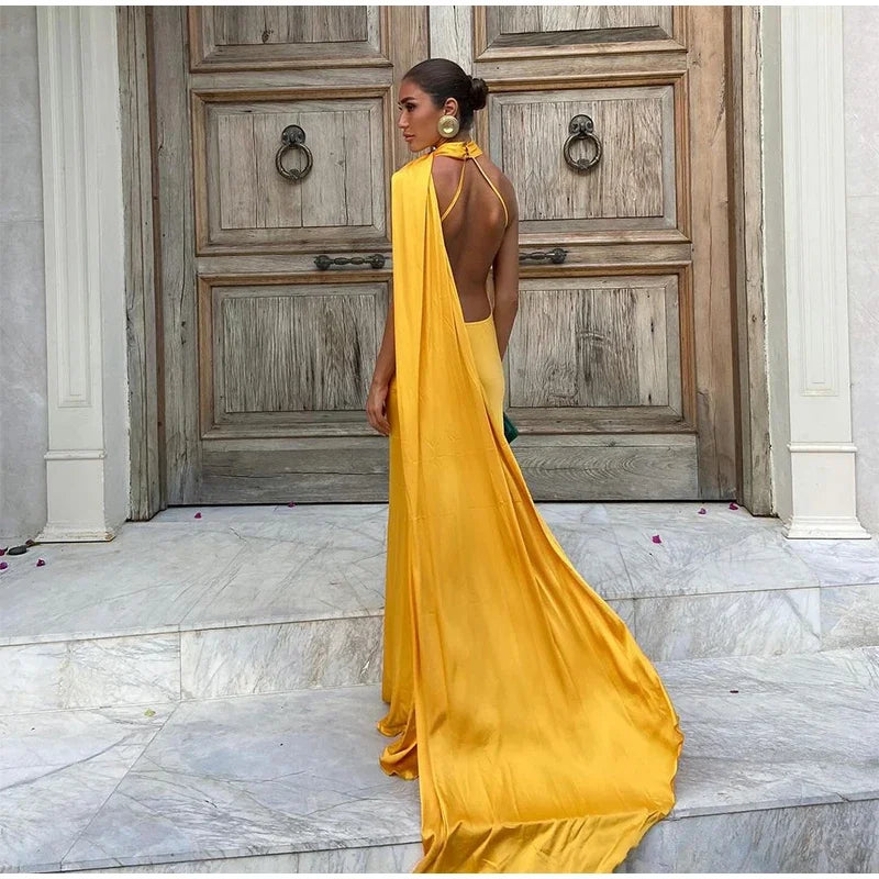 Yellow Satin Backless Lace - Up Off - Shoulder Maxi Dress