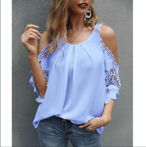 Off Shoulder Lace Blouse Women Summer Tops White Black Blouses ONeck Solid Loose 5XL Clothes
