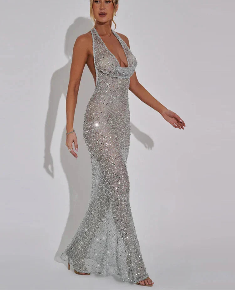 Sequins Crochet Halter Swinging Neck Long Dress