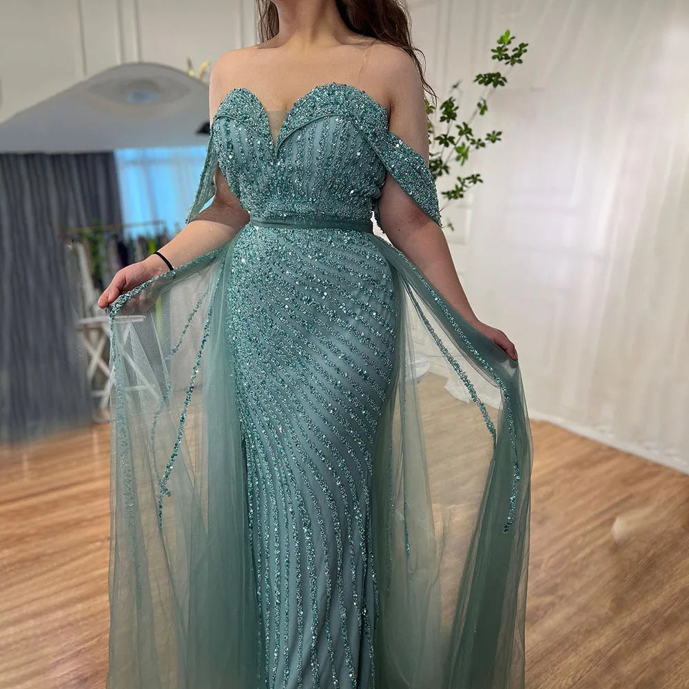 Zapdress Customized Turquoise Off Shoulder Mermaid Beaded Evening Dresses Overskirt Split Party Gowns for Women rts (ZD17345) - VelvetHem