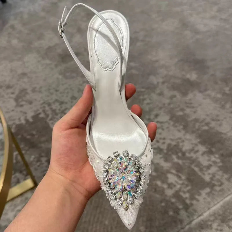 Luxury Diamond Pearls Lace Mesh Women Pumps Elegant Pointed toe Thin High heels Fashion Summer Slingbacks Wedding Party Shoes - View 7 | VelvetHem