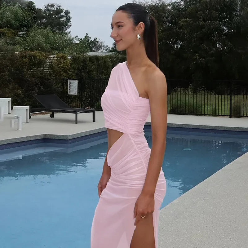 Mesh Backless One - Shoulder Long Dress