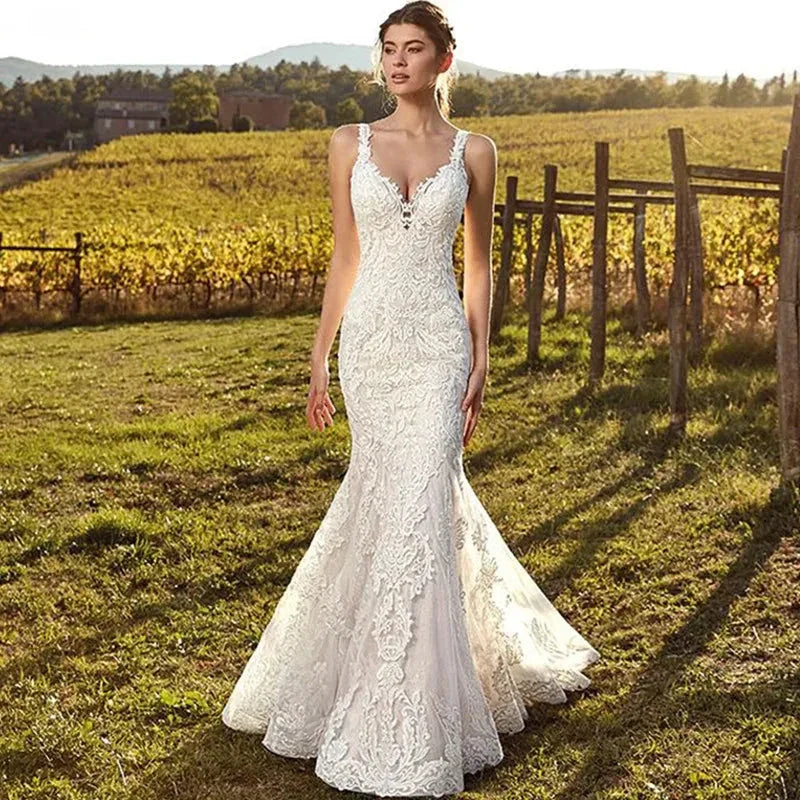 Customized Sexy V-Neck Mermaid Wedding Dress 2026 Lace Boho Sleeveless Bride Gown Buttons Pleats Illusion Back Vestido De Novia by ZAPDRESS