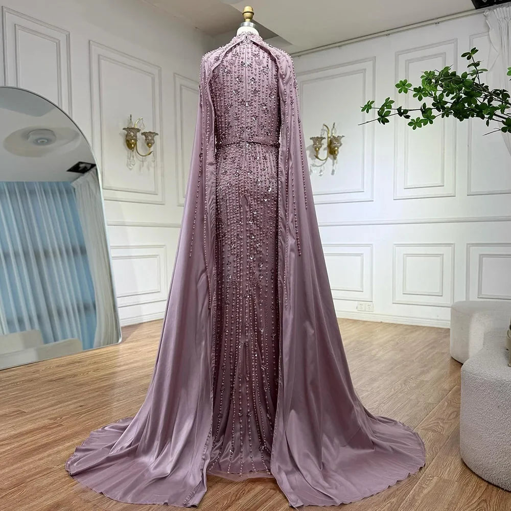 Zapdress Pink Long Sleeves High Neck Muslim Mermaid Beaded Evening Party Gown Dress with Cape for Women DLA72533 Customized (ZD17194)