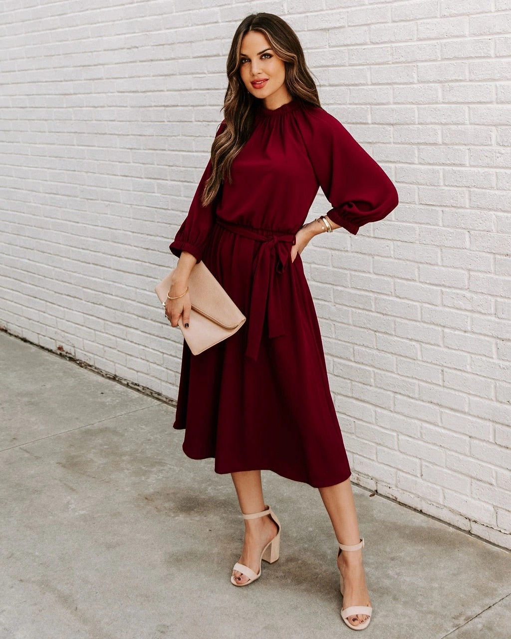 Elegant Office Dress Formal Loose Green Long Sleeve Belt ALine Midi Dresses