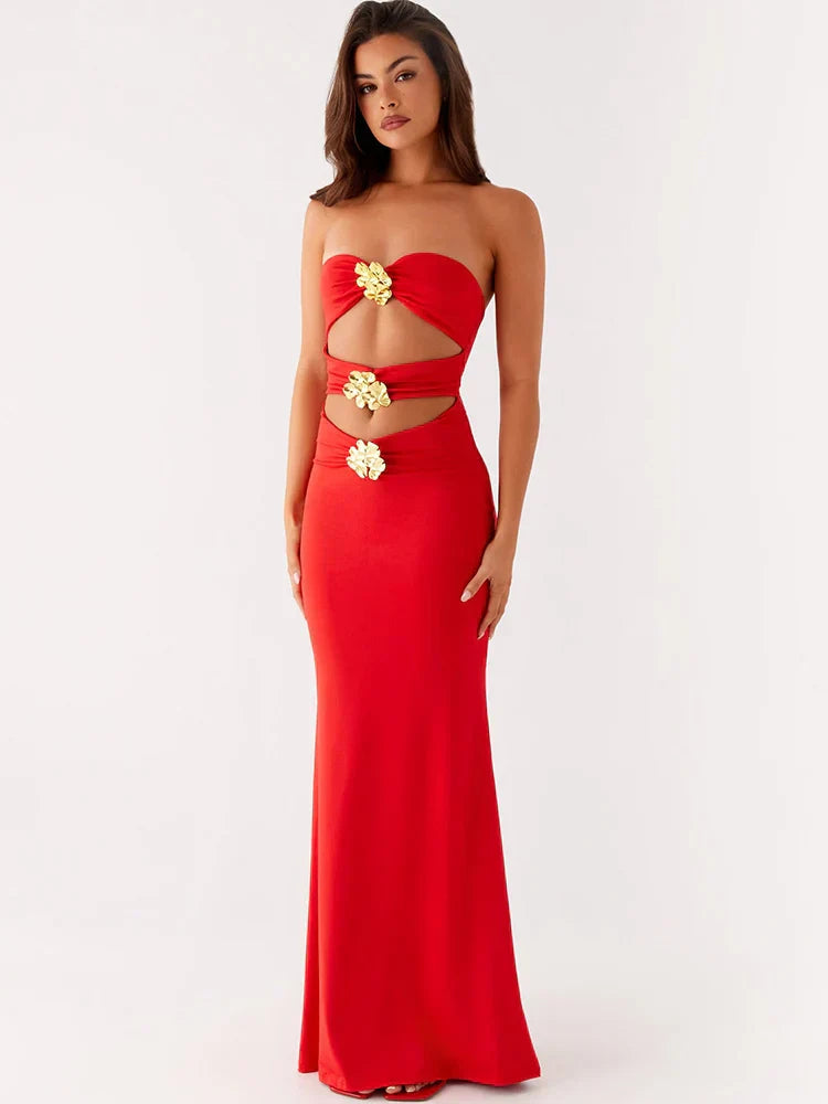 Metal Rose Hollow Out Off - shoulder Backless Long Dress