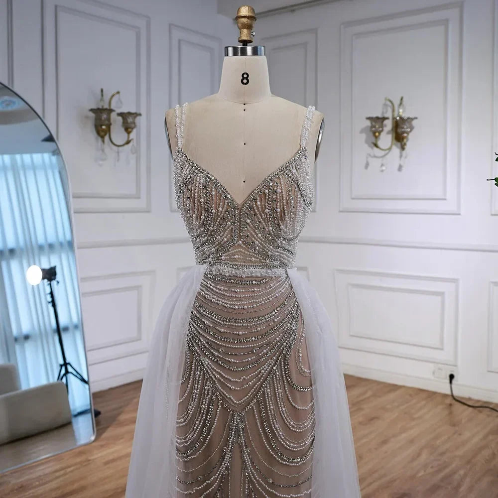 Zapdress White Nude V-neck Sleeveless Mermaid Beaded Evening Dress with Overskirt Wedding Party Gowns DLA72253A Customized (ZD17367) - VelvetHem