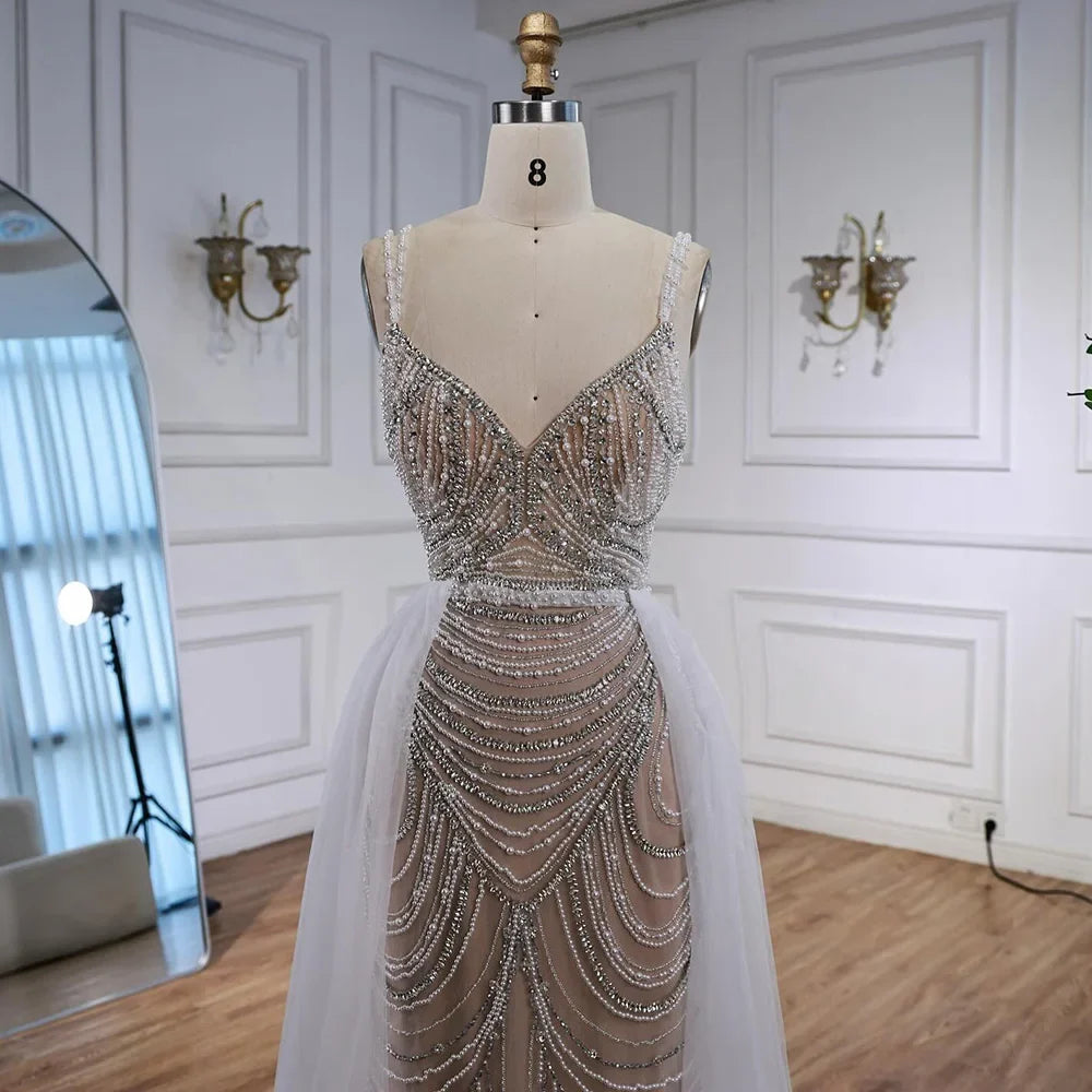 Zapdress White Nude V-neck Sleeveless Mermaid Beaded Evening Dress with Overskirt Wedding Party Gowns DLA72253A Customized (ZD17367)