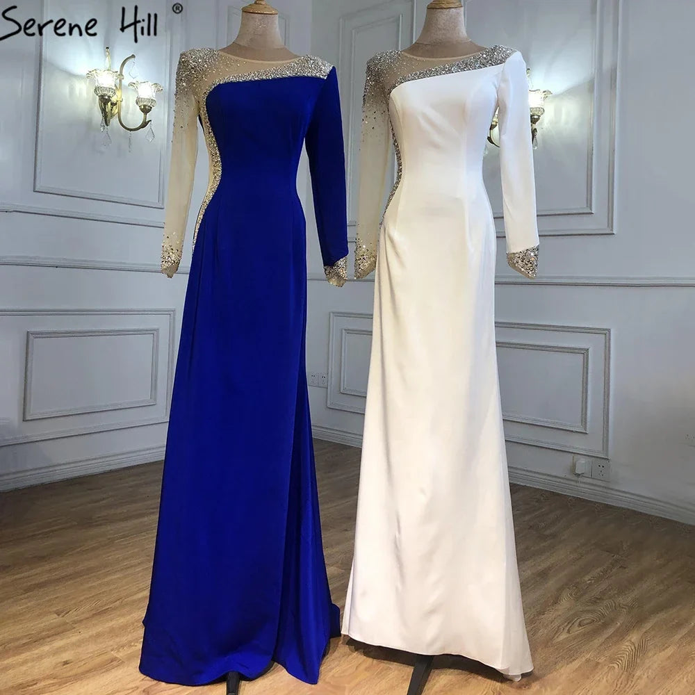 Zapdress Customized White Satin Long Sleeve Mermaid Simple Beaded Evening Dress Party Gowns For Women Bridal Shower (ZD17293)