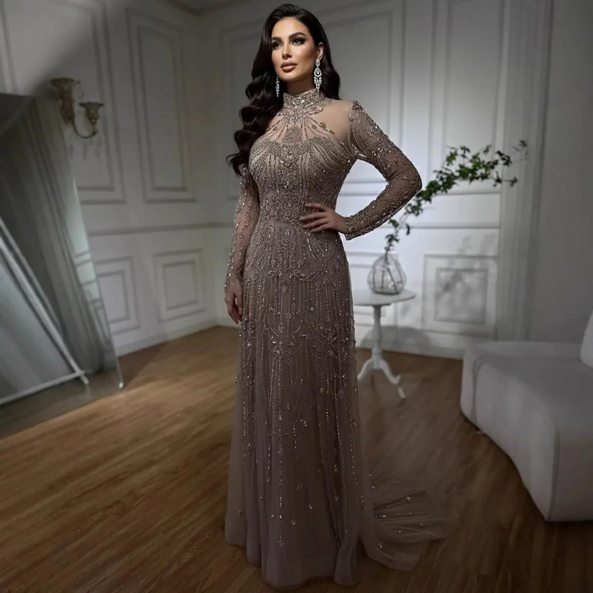 Zapdress Caramel A-Line Long Sleeves Muslim Evening Gowns Luxury Beaded Party Dress for Women 2025 Customized (ZD17270)