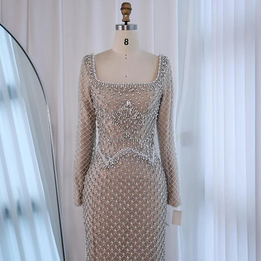 Elegant Beaded Pearl Mermaid Evening Dress with Long Sleeves for Wedding Occasion Zapdress 2025 Customized DLA72919A (ZD17238)