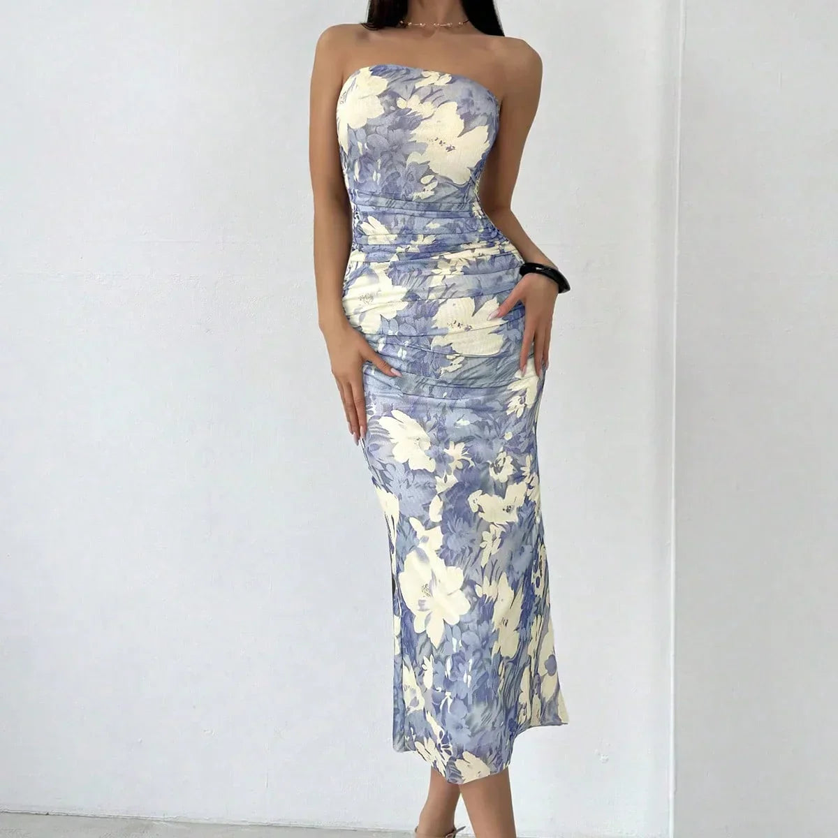 Strapless Hip Wrap Floral Dress - VelvetHem