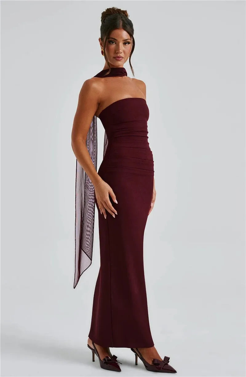 Scarf Collar Strapless Off - shoulder Long Dress