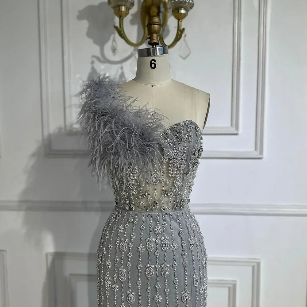Zapdress Gray Mermaid One Shoulder High Split Beaded Feather Evening Dress Party Gowns for Women DLA72347 Customized (ZD17357) - VelvetHem
