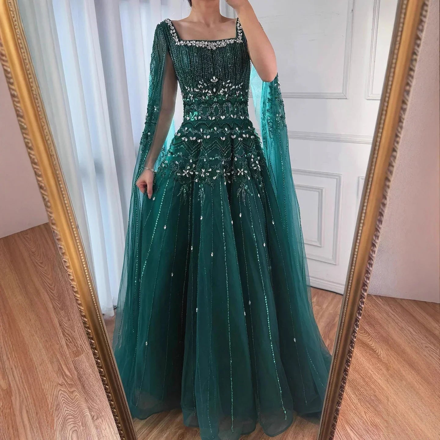 Zapdress Red Square Collar A-Line Beaded Evening Dress with Cape Sleeves 2026 Party Gowns for Women DLA73089A Customized (ZD17190)