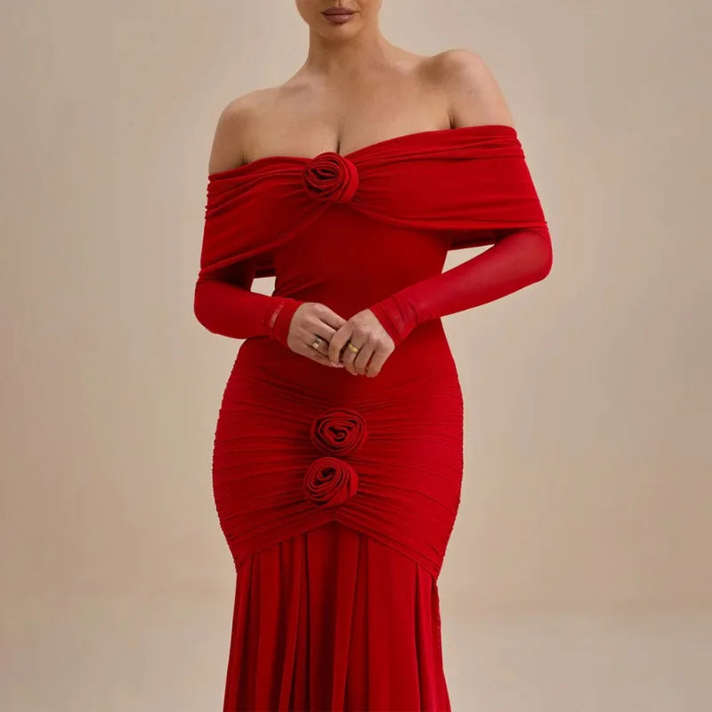3D Flower - appliqué Mesh Long Sleeve Fishtail Maxi Dress