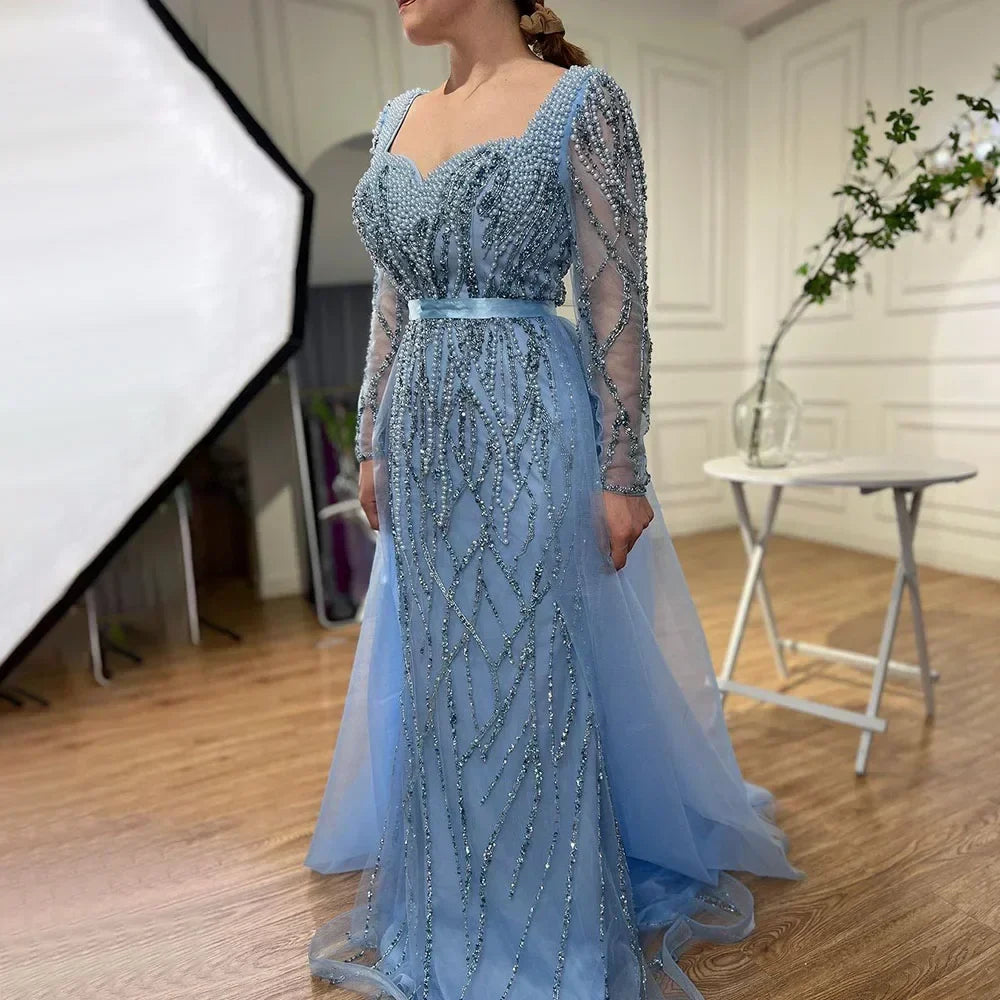 Zapdress Customized Blue Long Sleeves Mermaid Pearls Beaded Evening Dresses Elegant Party Gowns For Women Wedding (ZD17374) - VelvetHem