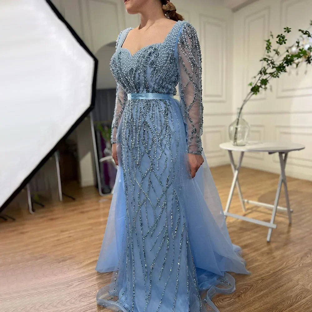 Zapdress Customized Blue Long Sleeves Mermaid Pearls Beaded Evening Dresses Elegant Party Gowns For Women Wedding (ZD17374)