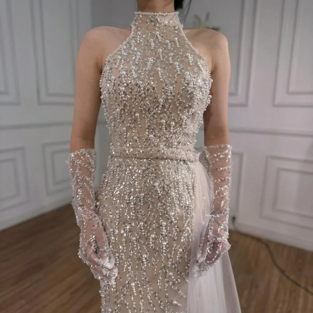 Zapdress White Nude Pearls Halter Mermaid Evening Gowns with Gloves Formal Party Dresses for Women 2026 Customized DLA72345F (ZD17349)