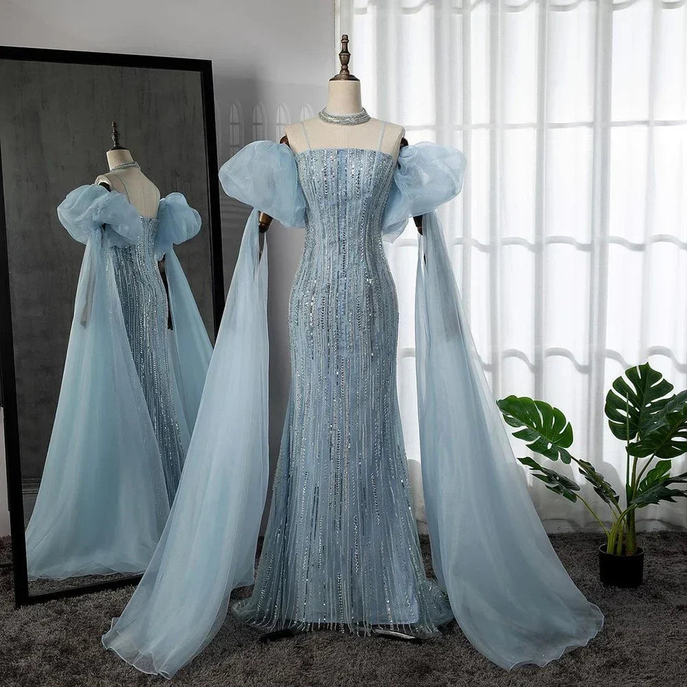 Zapdress Customized Blue Mermaid Puff Sleeves Beaded Evening Dresses Dubai Elegant Party Gowns For Women 2024 (ZD17343) - VelvetHem
