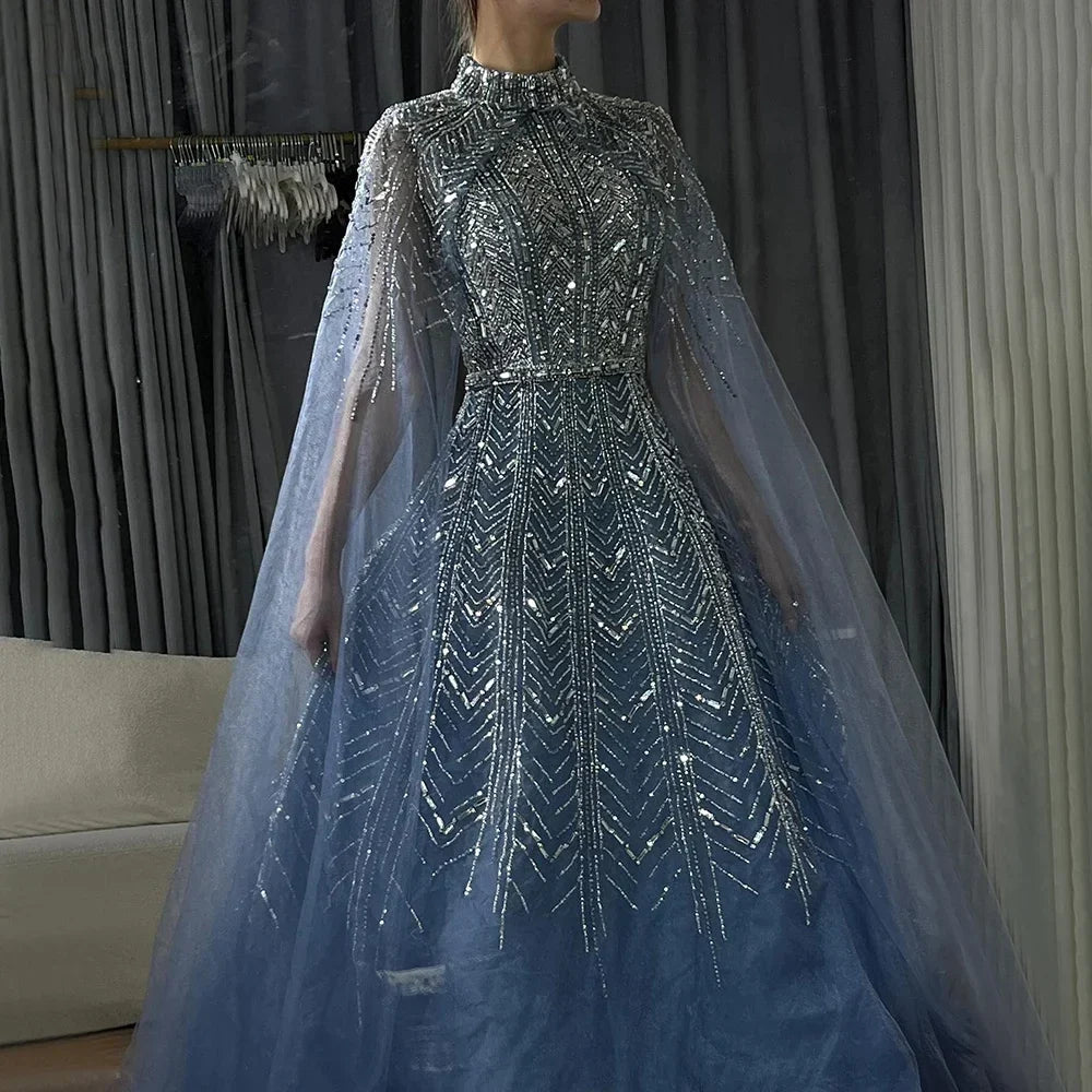 Zapdress Customized 2025 Blue Beaded A-Line Cape Sleeves Formal Evening Dresses Elegant Party Gowns for Women (ZD17192) - VelvetHem