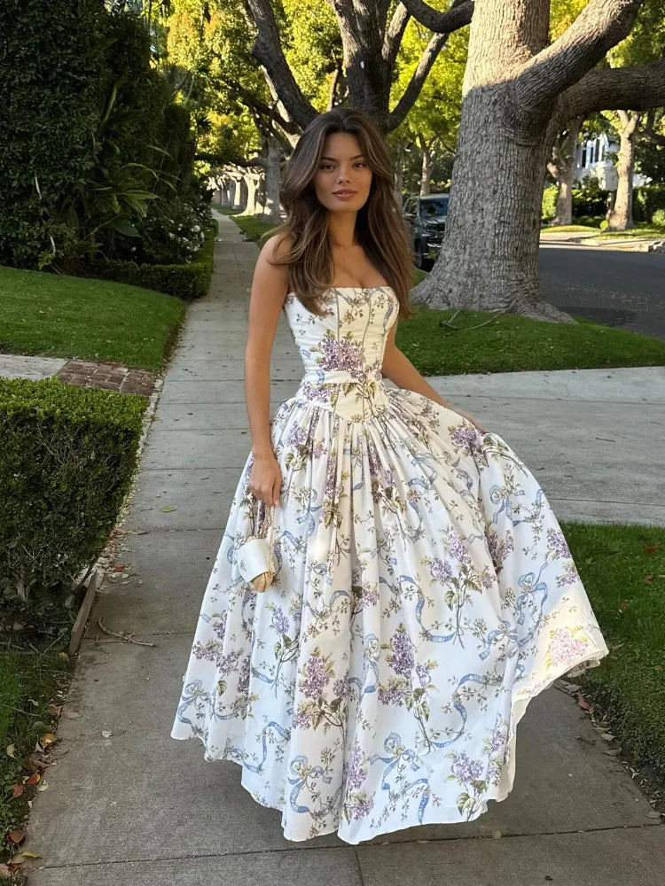 Pleated Sleeveless Backless Floral Dress - VelvetHem