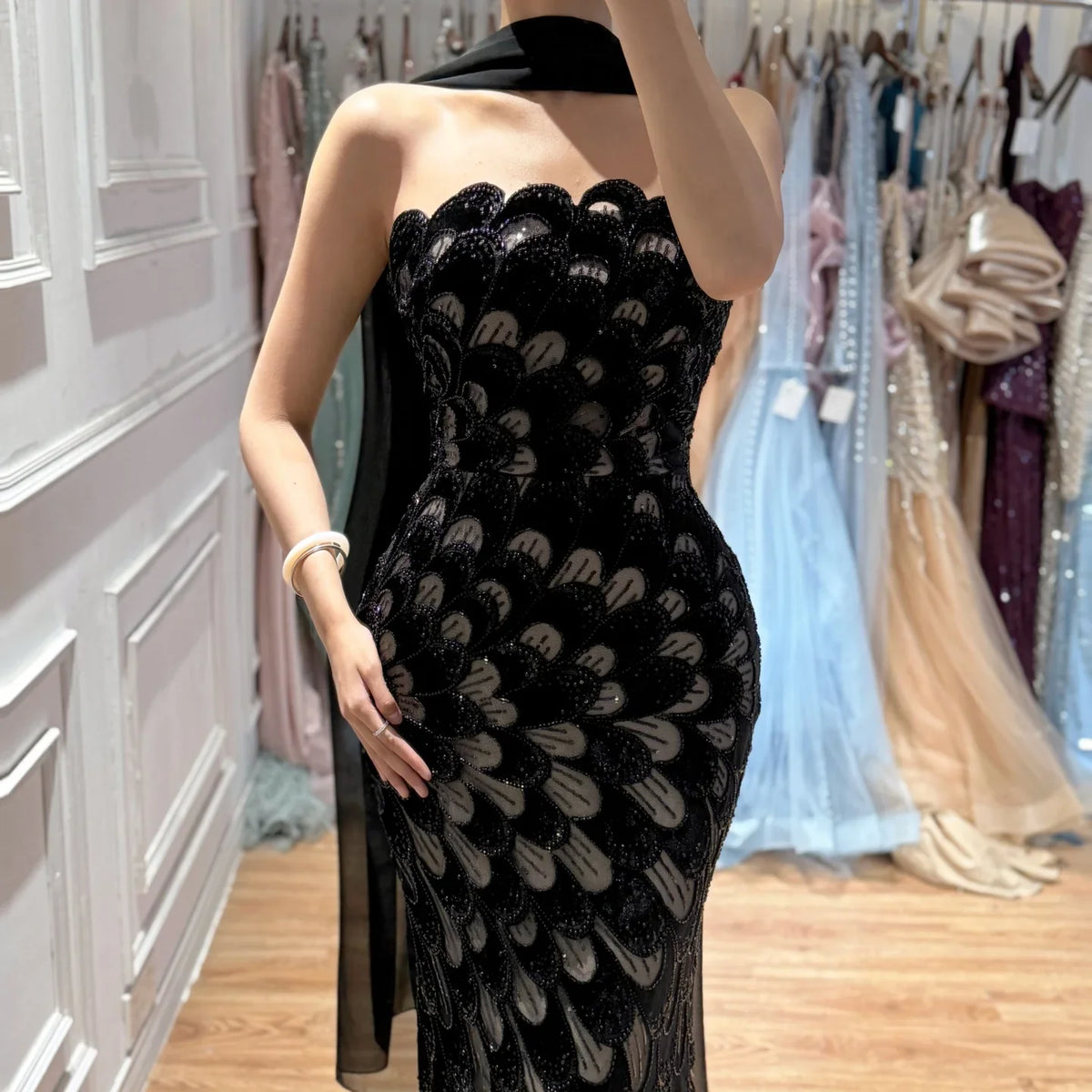 Zapdress 2026 Black Strapless Mermaid Evening Dress with Scarf Elegant Formal Party Gowns for Women DLA73607 Customizedf (ZD17227)