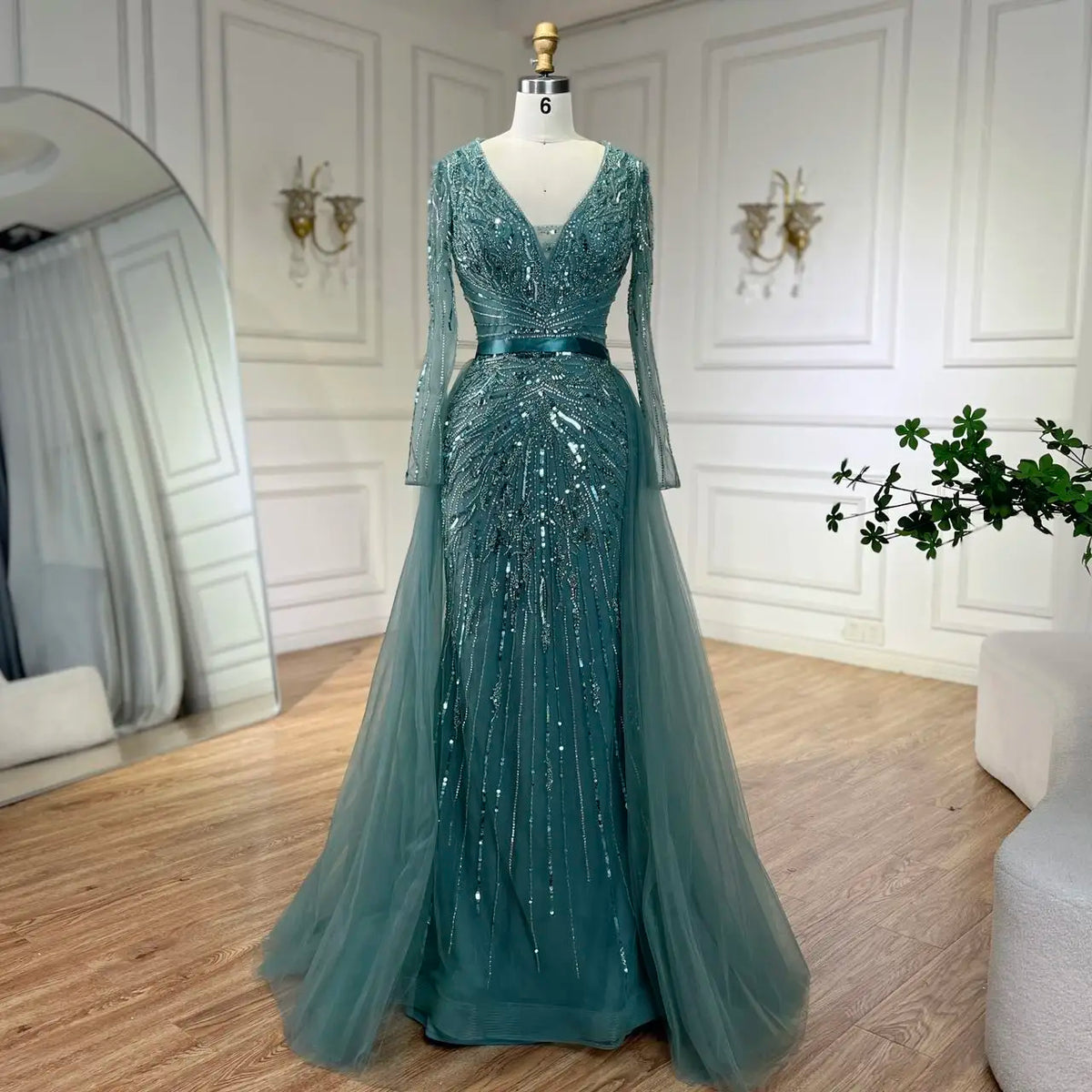 Zapdress Customized Turquoise Long Sleeves Mermaid Beaded Evening Dresses Overskirt Party Gowns For Women DLA72239A (ZD17191) - VelvetHem