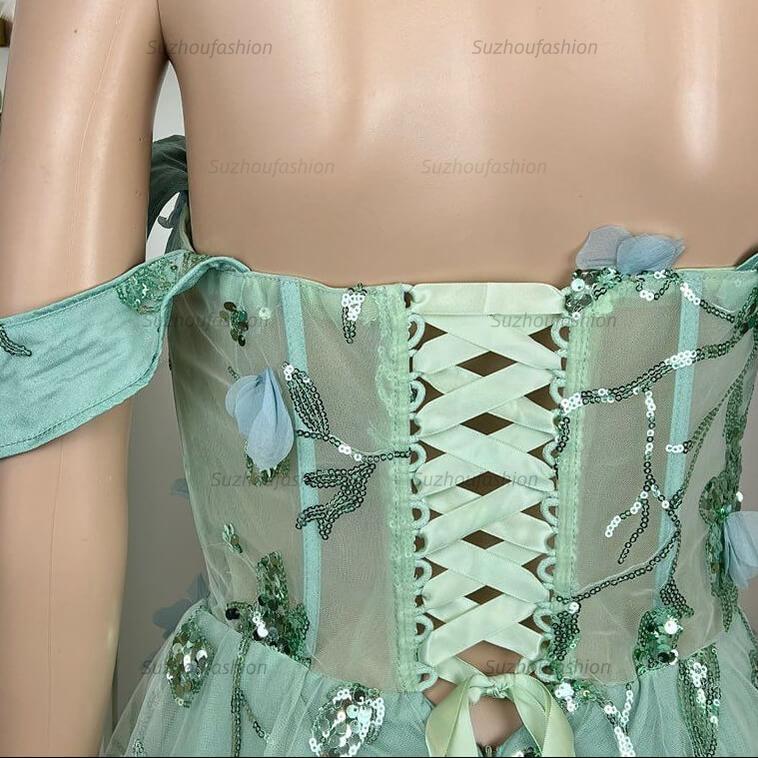 Sage Green Off-Shoulder Corset Mini Homecoming Dress 3D Flowers & Gold Sequin Tulle