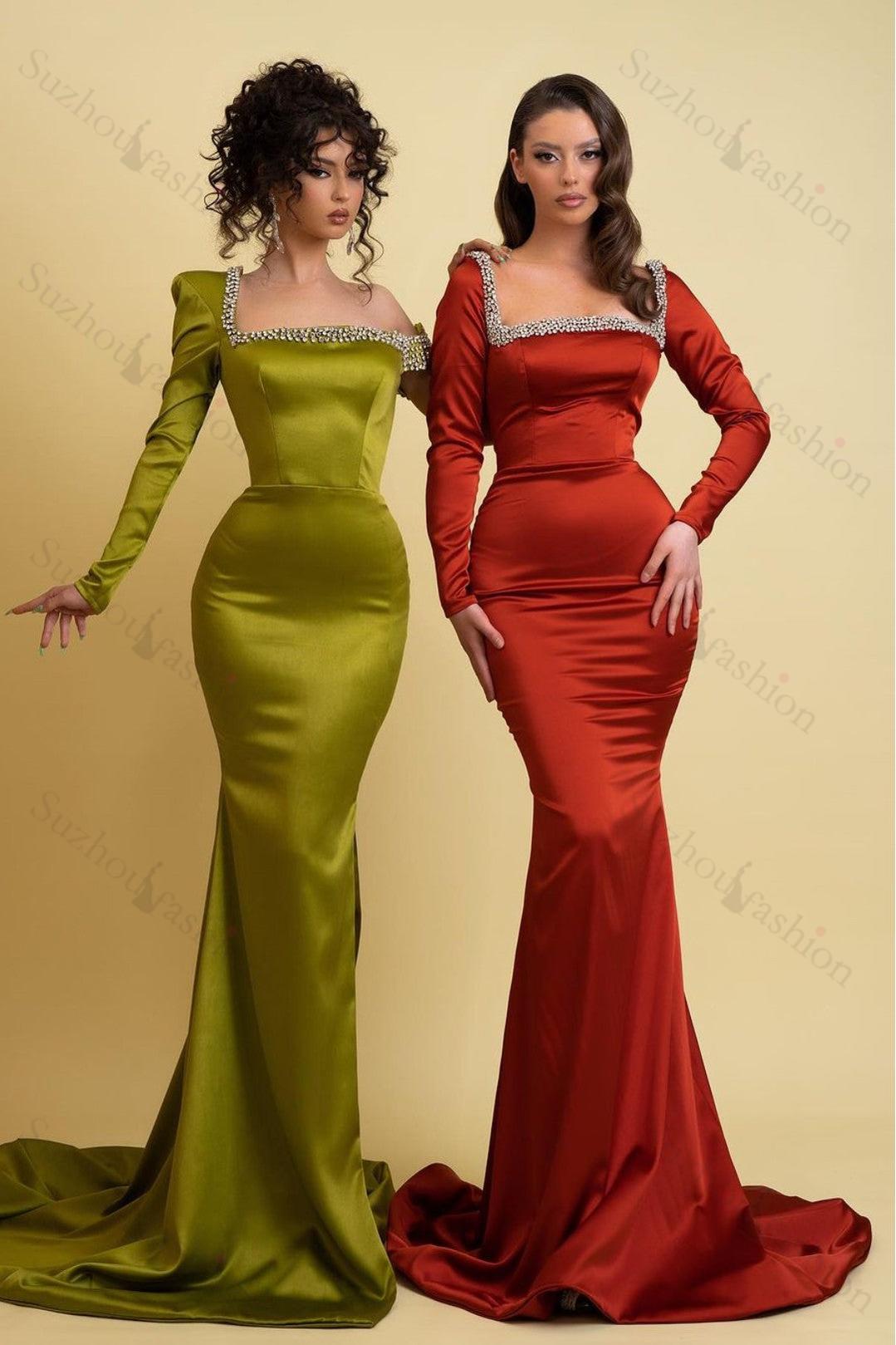 Sage Green Prom Dress Long Sleeve One Shoulder Mermaid Evening Formal Dress With Split